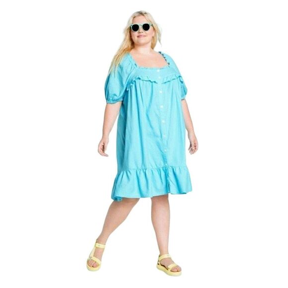 Linen Blend Short sleeve blue ruffle dress with pockets Stoney Clover Lane x Tar - Picture 3 of 4